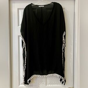 Black Sheer Swim Cover-Up with White Pom-Pom Trim